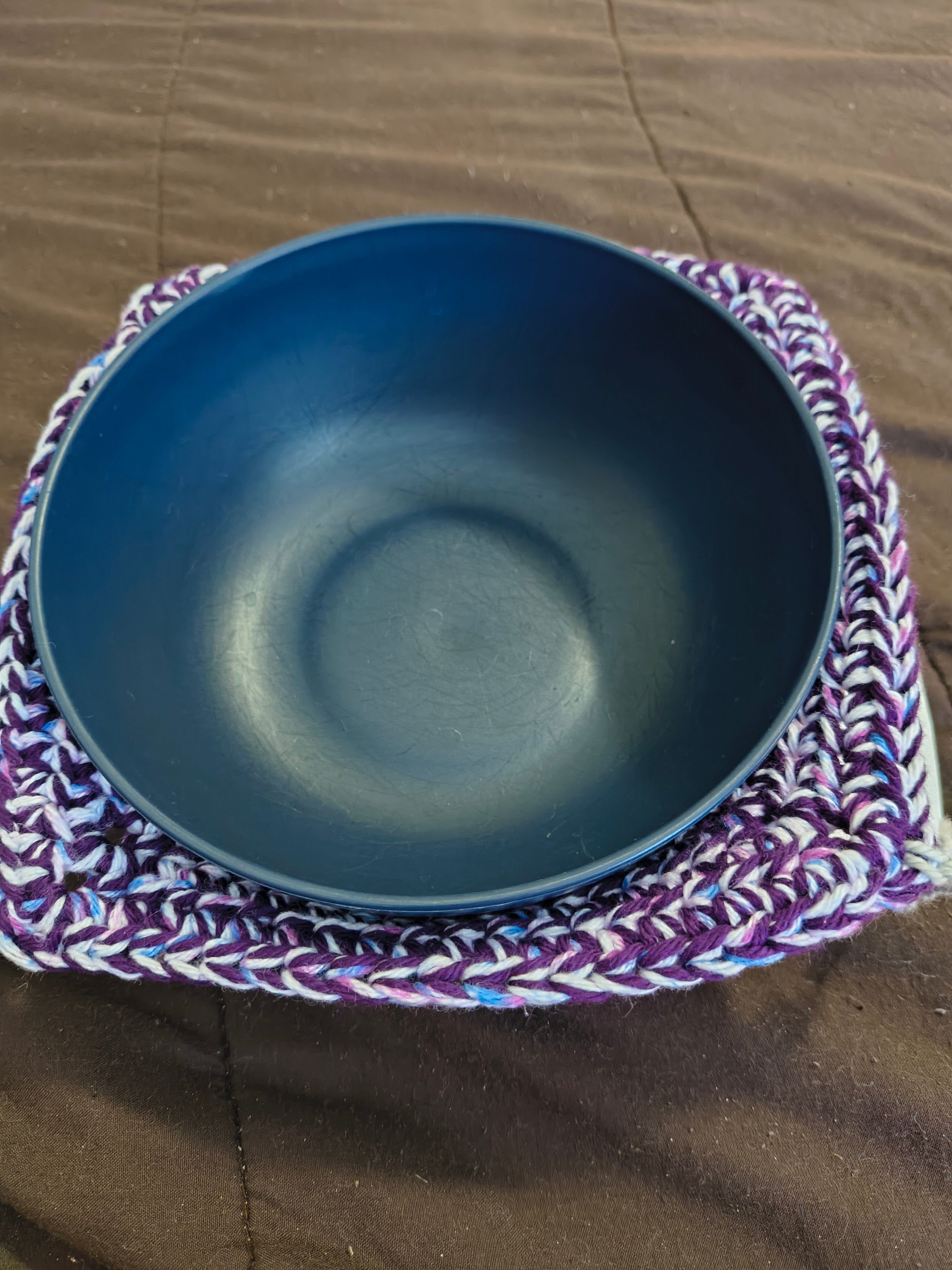 Handmade Crochet Microwave Bowl Cozy - Purple Blue & White 100% Cotton