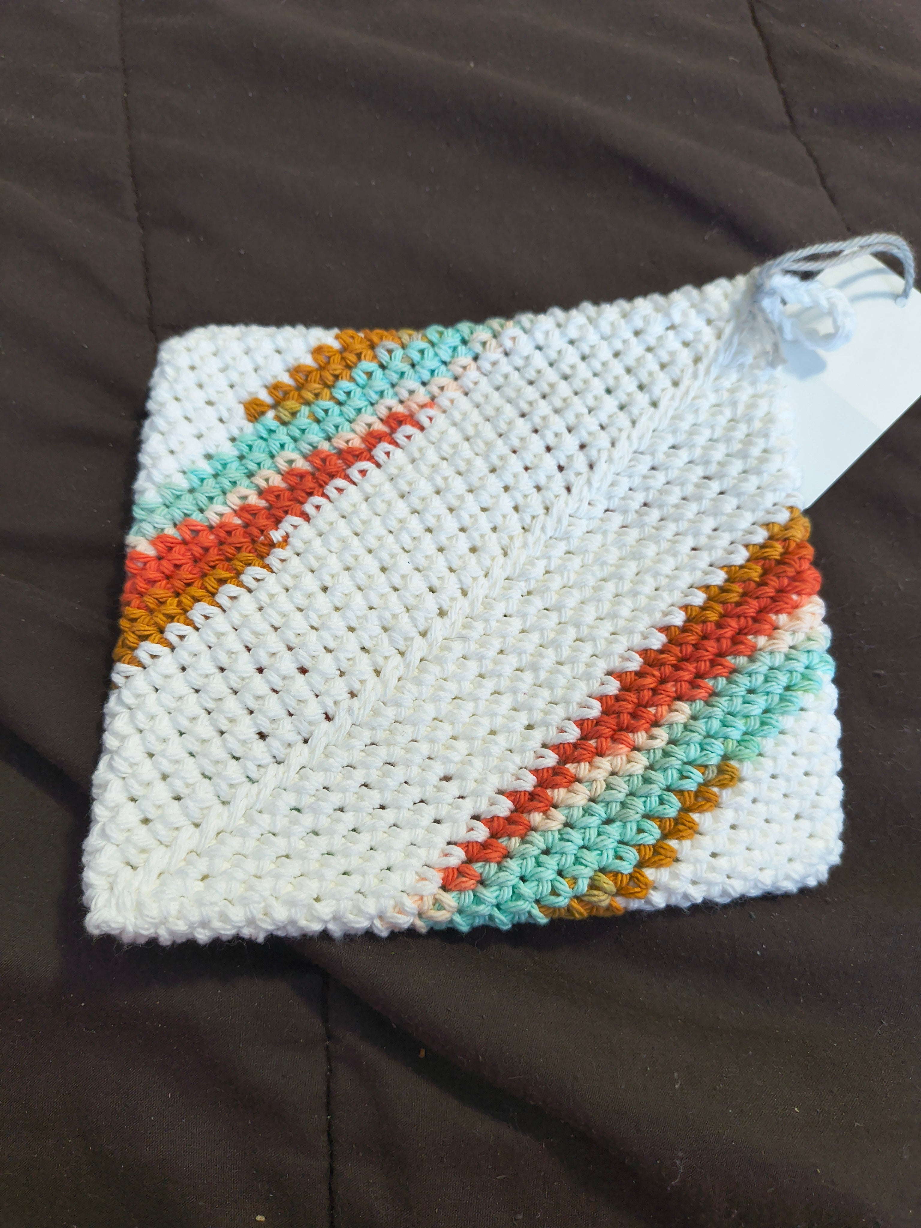 Handmade White Cotton Pot Holder with Colorful Stripes