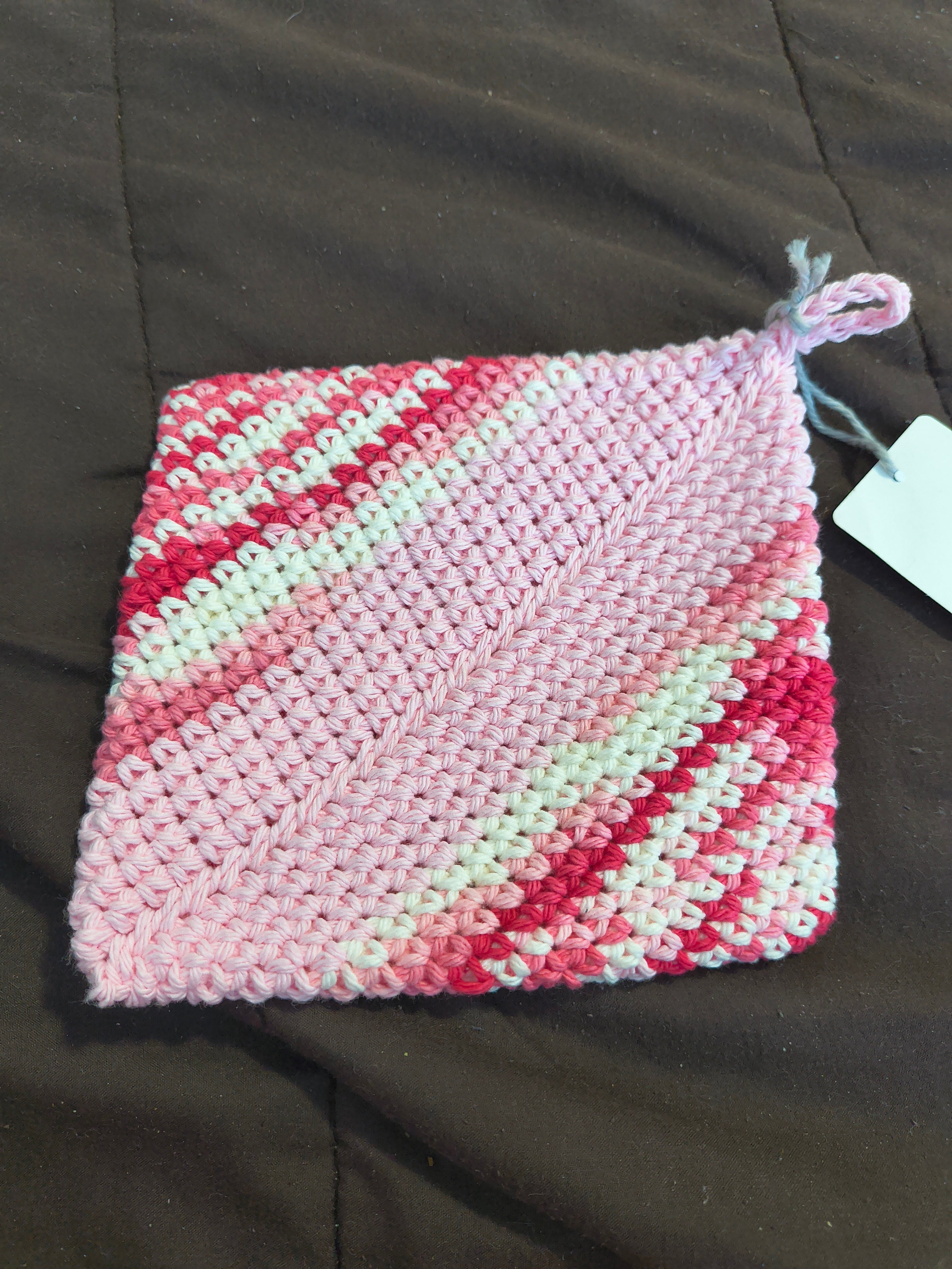 Handmade Pink Cotton Pot Holder with Red & White Stripes