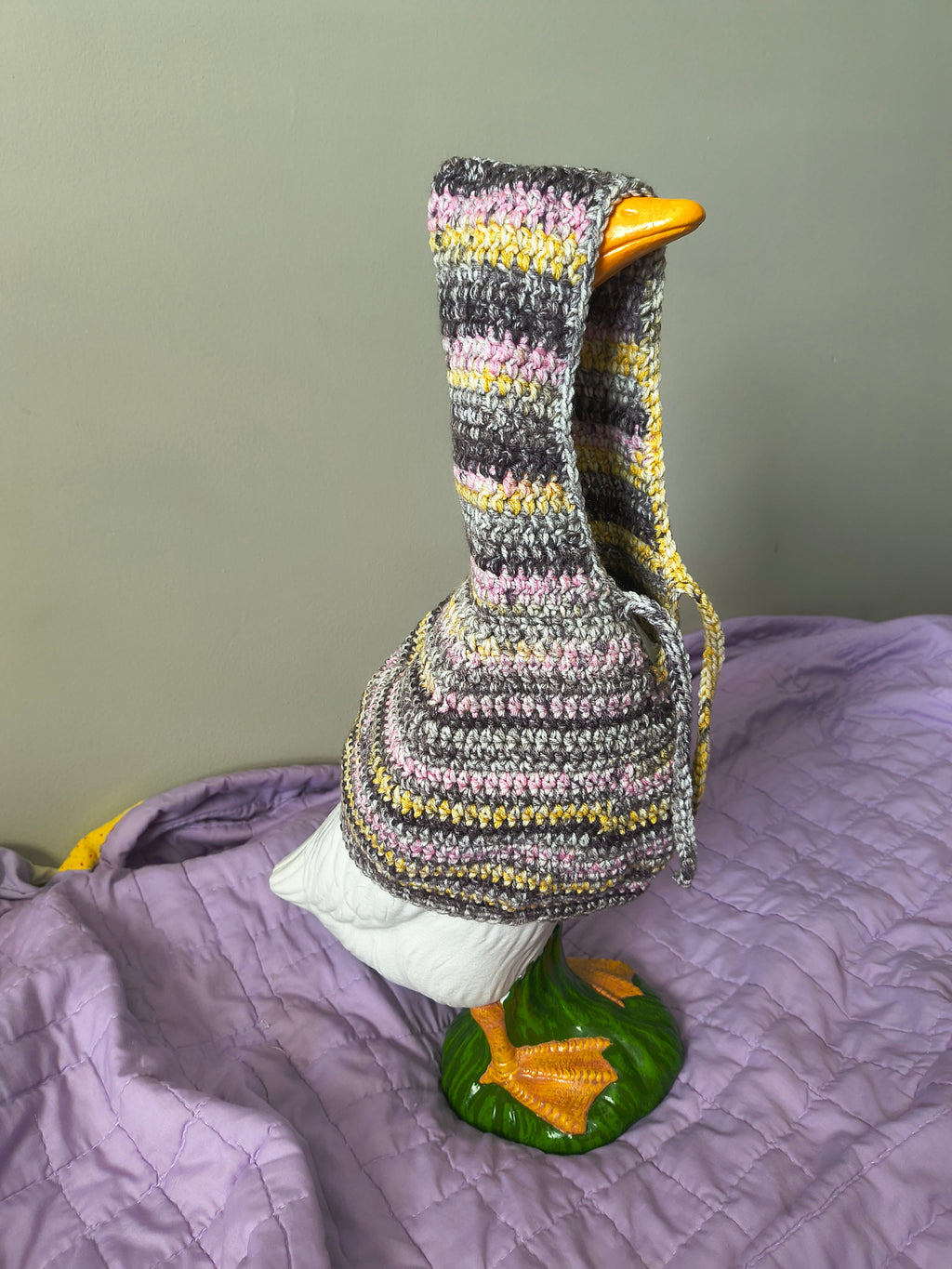 19.6-21" Handmade Crochet Porch Goose Hoodie - Gray Yellow Pink Variegated