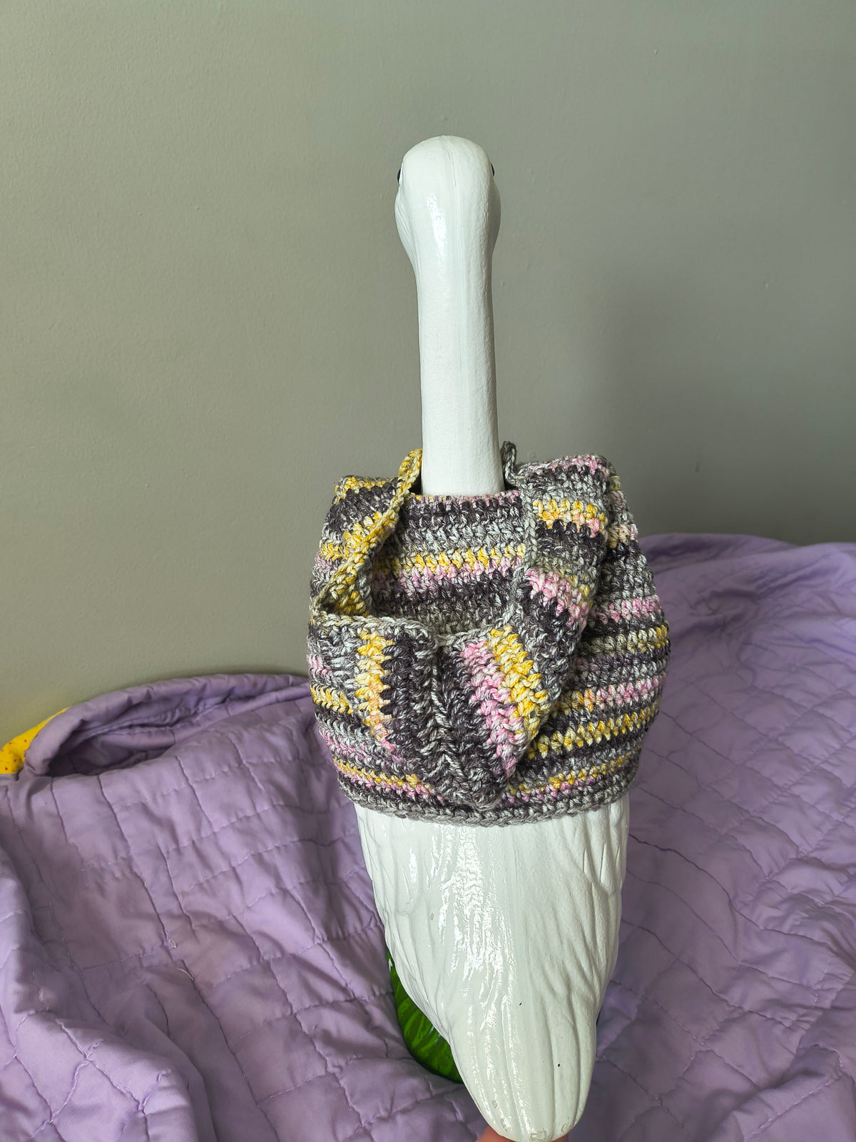 19.6-21" Handmade Crochet Porch Goose Hoodie - Gray Yellow Pink Variegated