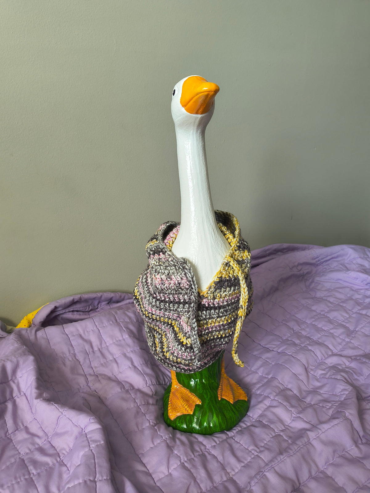 19.6-21" Handmade Crochet Porch Goose Hoodie - Gray Yellow Pink Variegated
