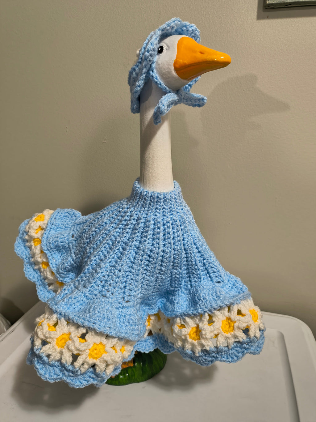 23" Handmade Crochet Porch Goose Daisy Dress & Bonnet Set - Baby Blue