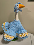 23" Handmade Crochet Porch Goose Daisy Dress & Bonnet Set - Baby Blue