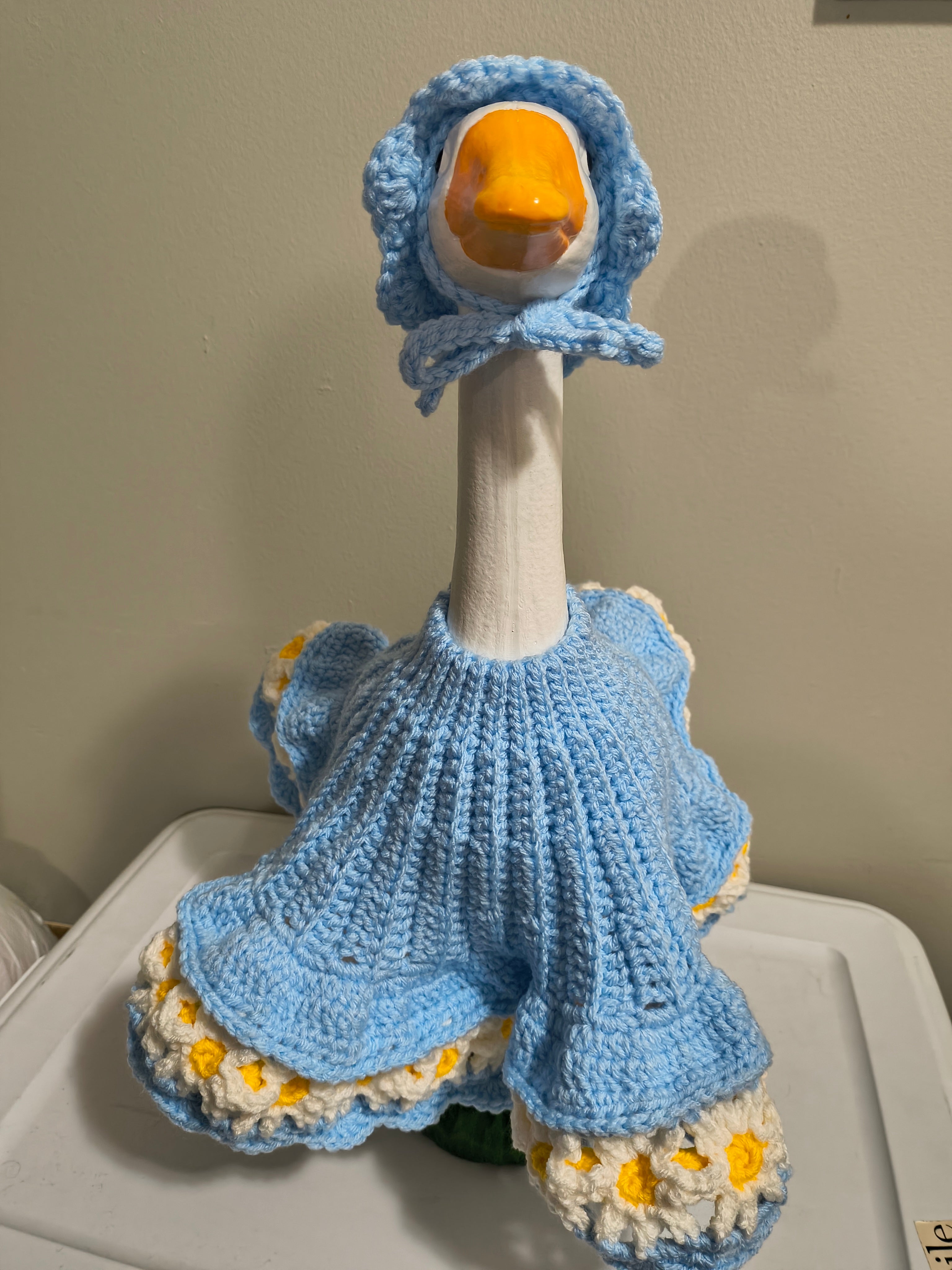 23" Handmade Crochet Porch Goose Daisy Dress & Bonnet Set - Baby Blue