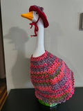 19.6-21" Handmade Crochet Porch Goose Dress & Sunhat Set - Pink/Red Boho