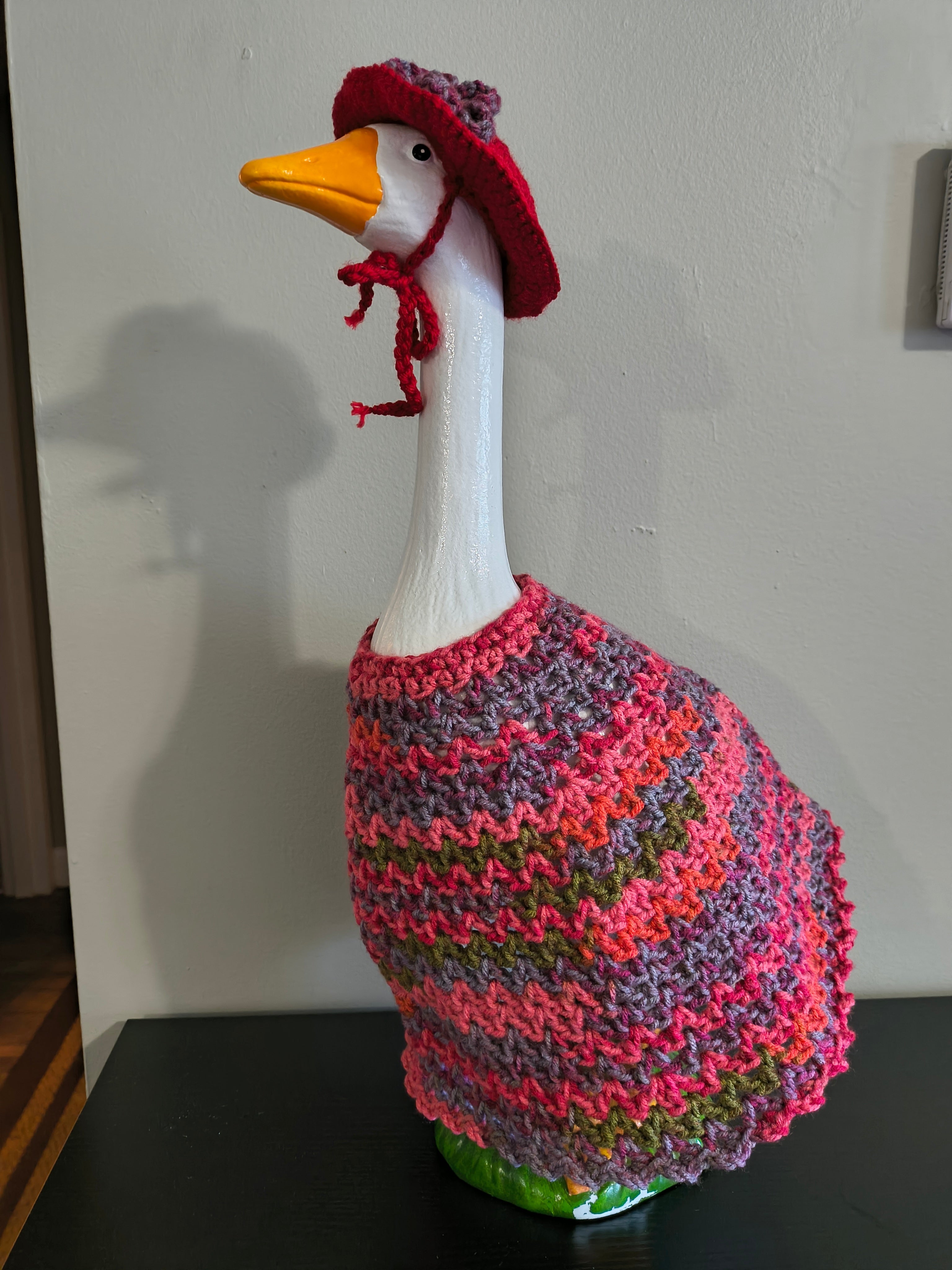 19.6-21" Handmade Crochet Porch Goose Dress & Sunhat Set - Pink/Red Boho