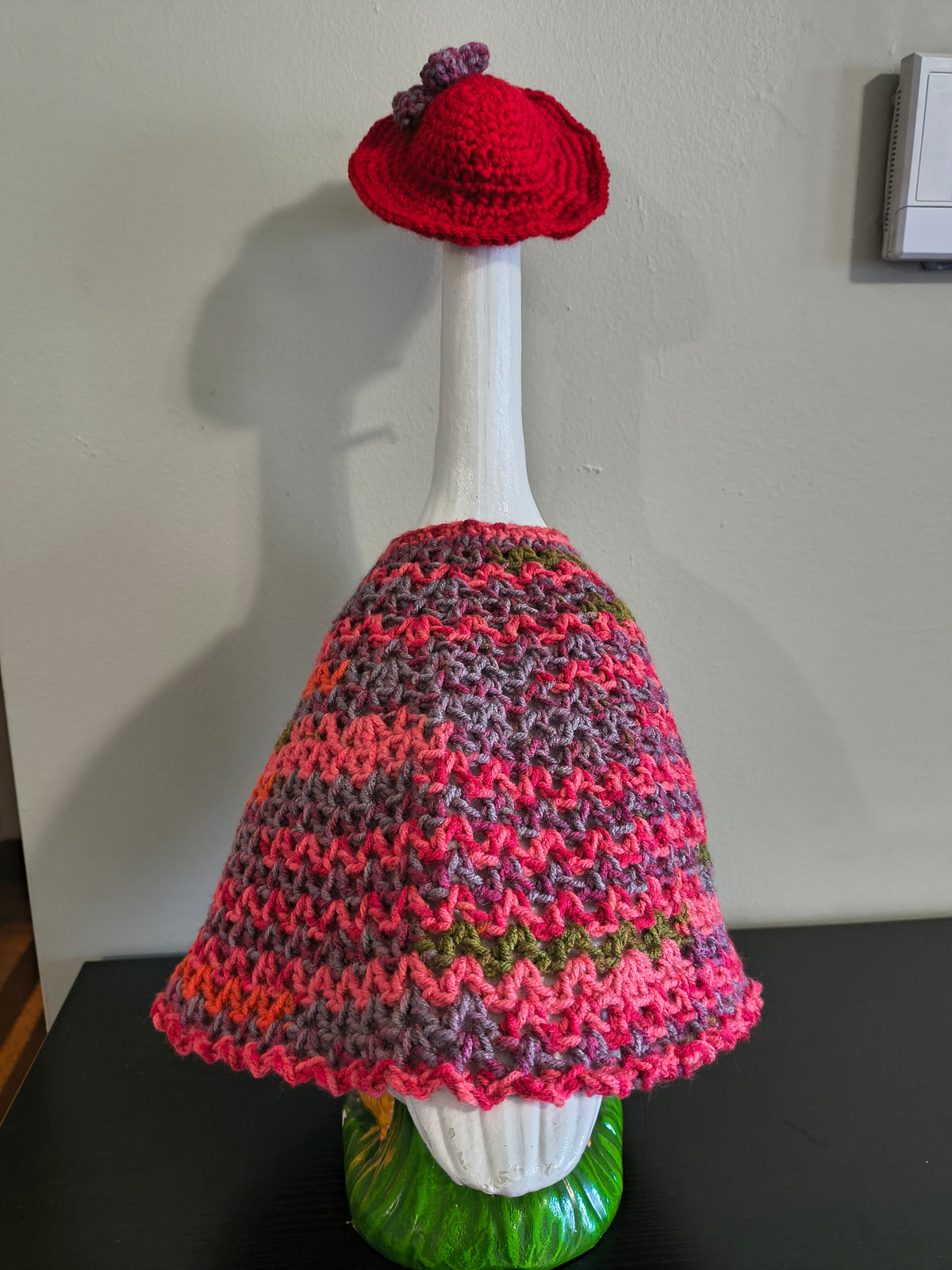 19.6-21" Handmade Crochet Porch Goose Dress & Sunhat Set - Pink/Red Boho