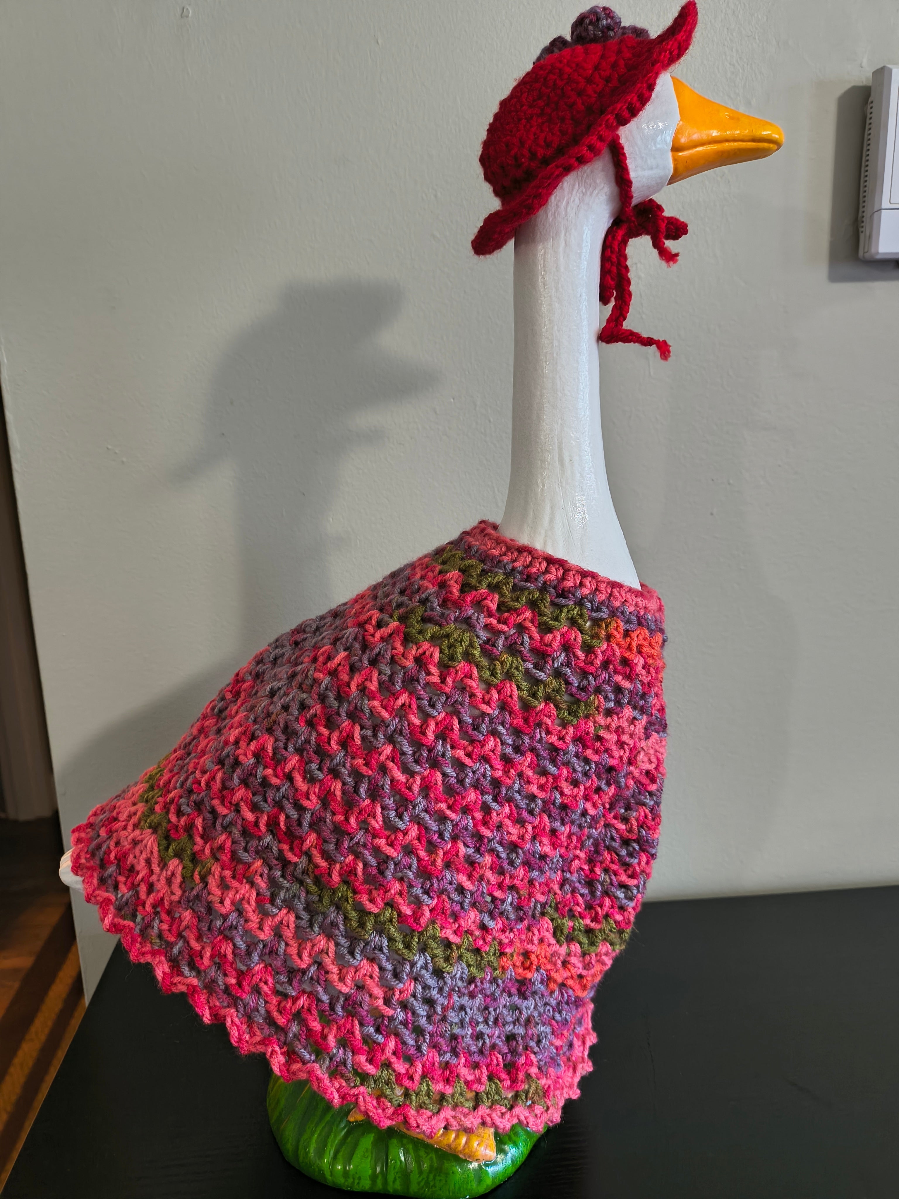19.6-21" Handmade Crochet Porch Goose Dress & Sunhat Set - Pink/Red Boho