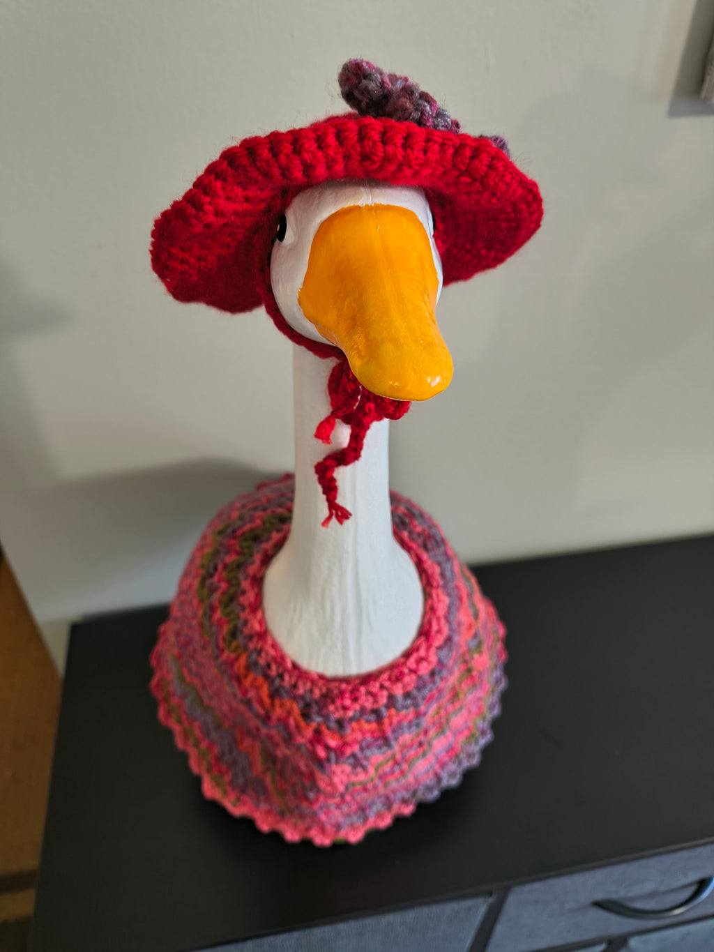 19.6-21" Handmade Crochet Porch Goose Dress & Sunhat Set - Pink/Red Boho