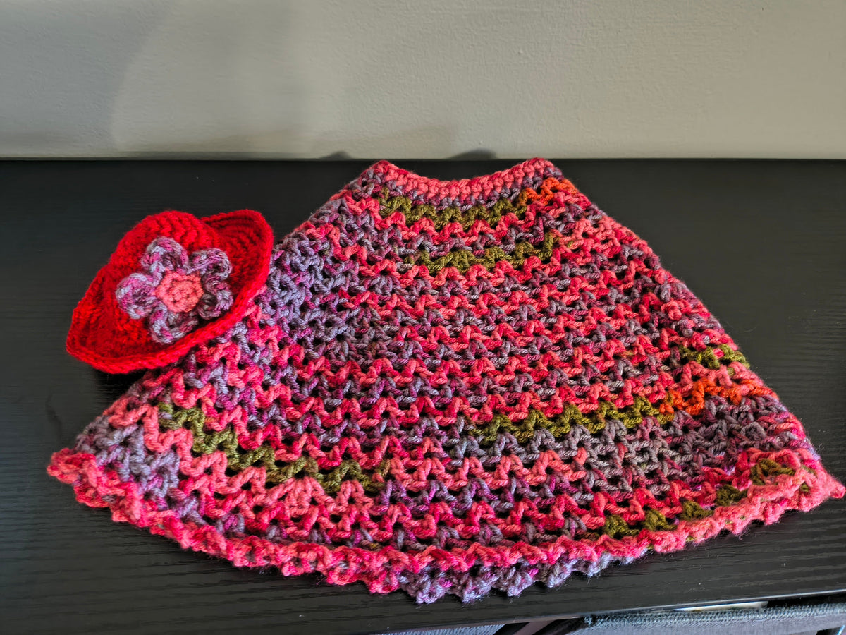 19.6-21" Handmade Crochet Porch Goose Dress & Sunhat Set - Pink/Red Boho