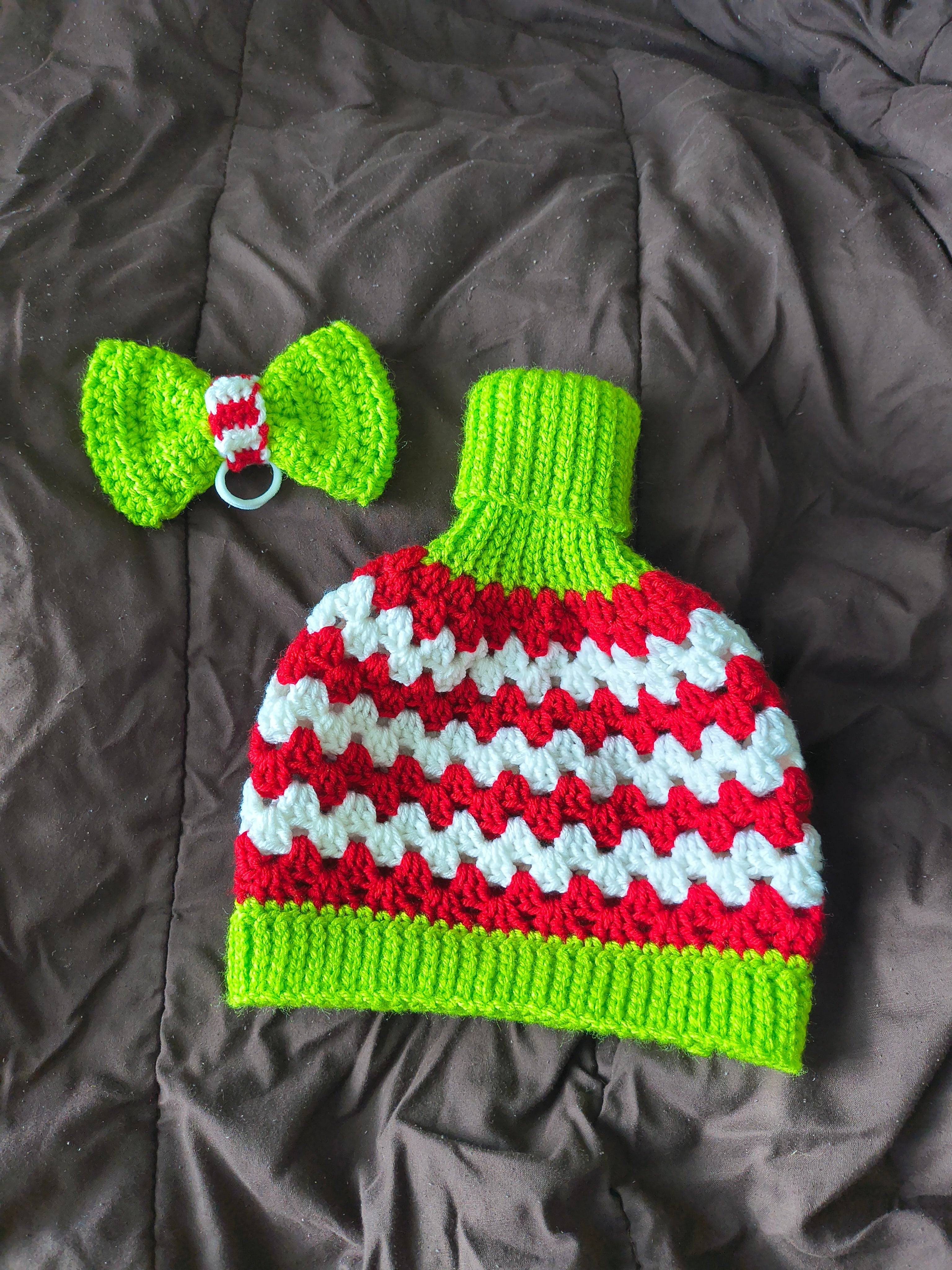 Green, red and white crochet porch goose granny sweater - side view