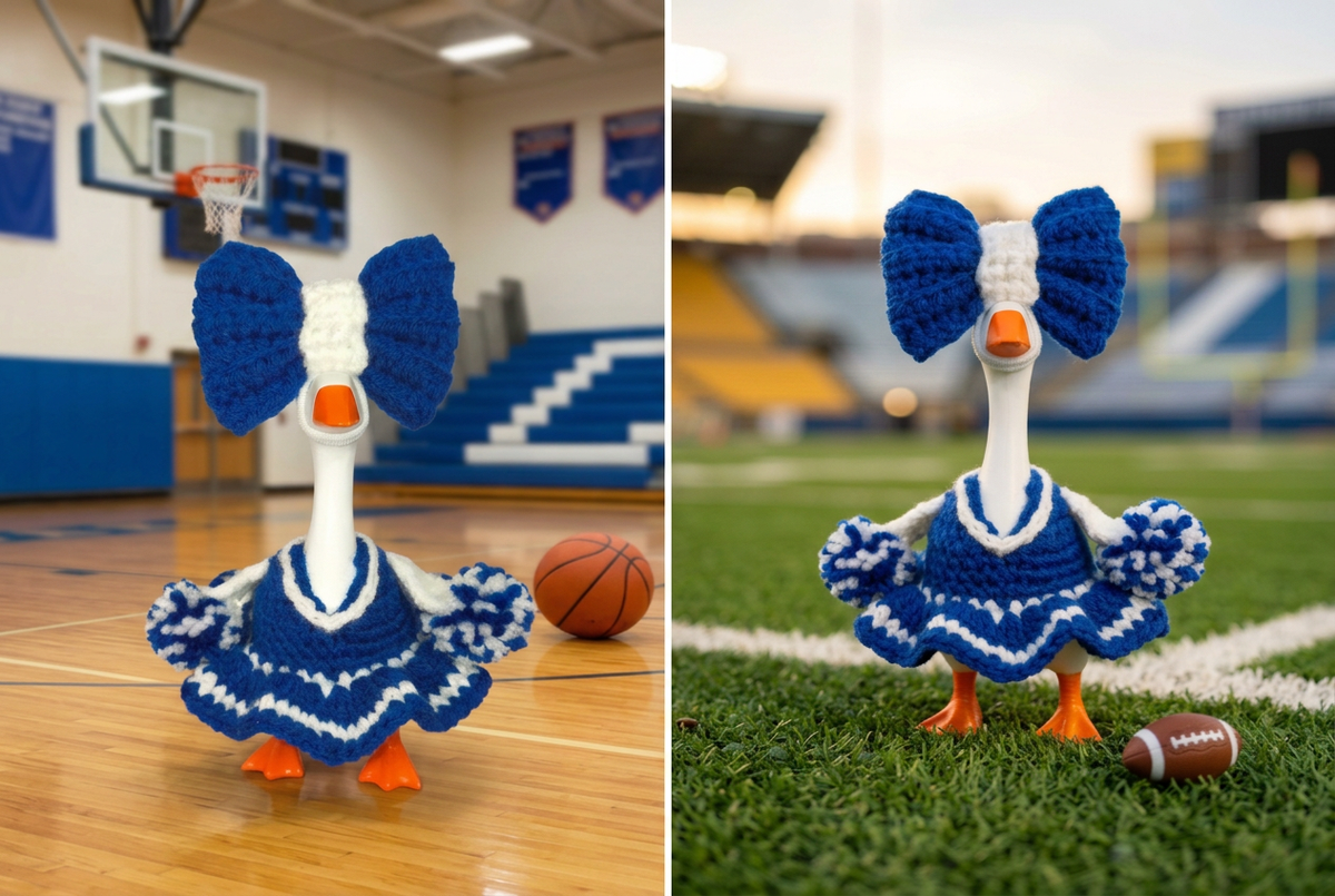 Basketball and football cheerleader goose side by side