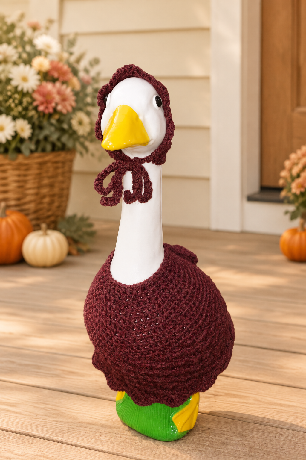Crochet goose dress with a cozy autumn porch background