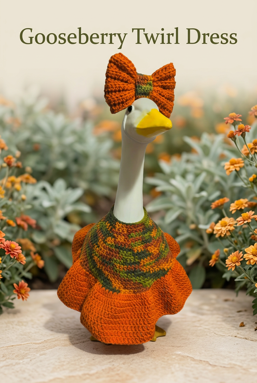 Gooseberry Twirl Dress with a cozy autumn garden background and olive-green title