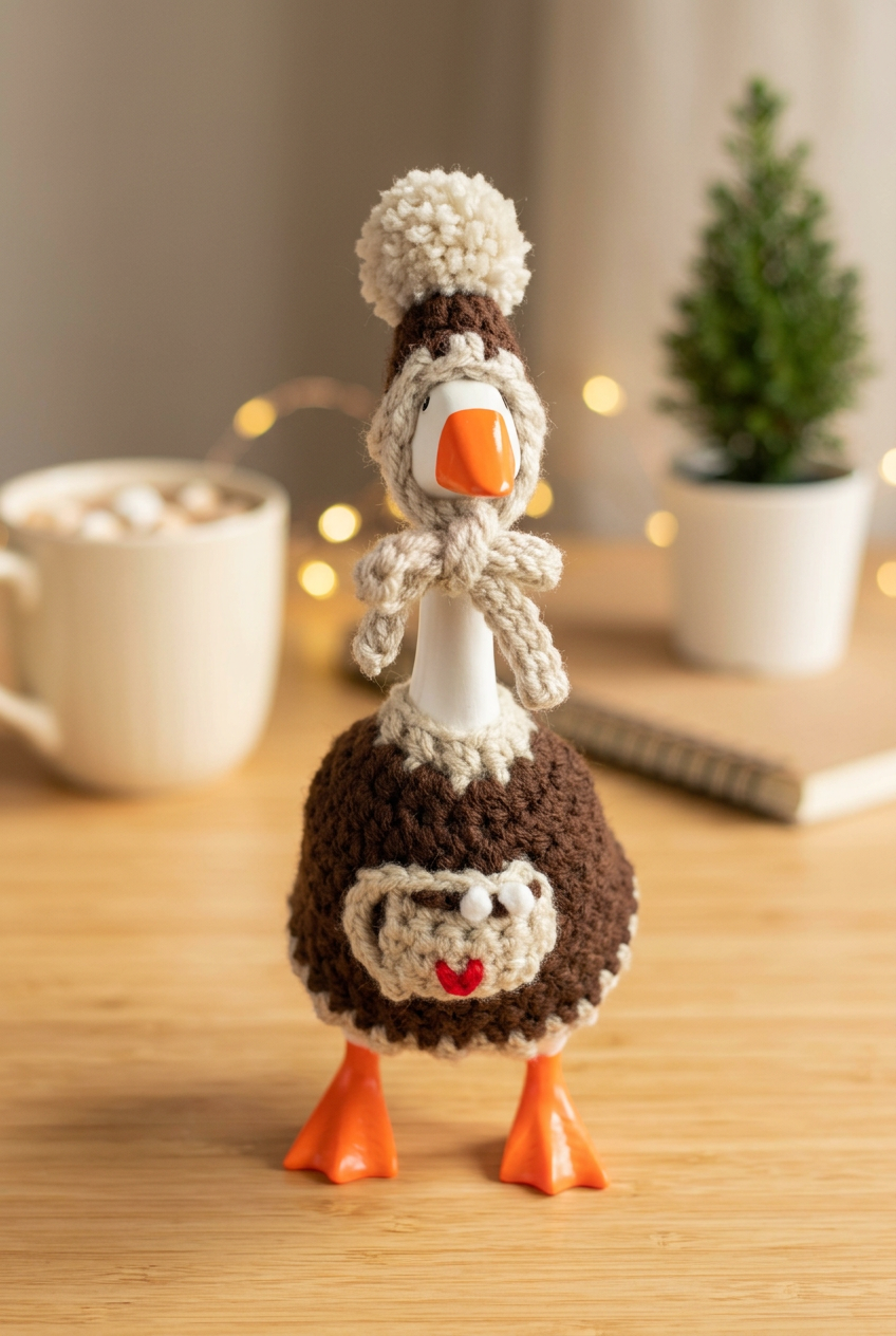Hot Cocoa Cutie desk goose in a cozy desktop setting