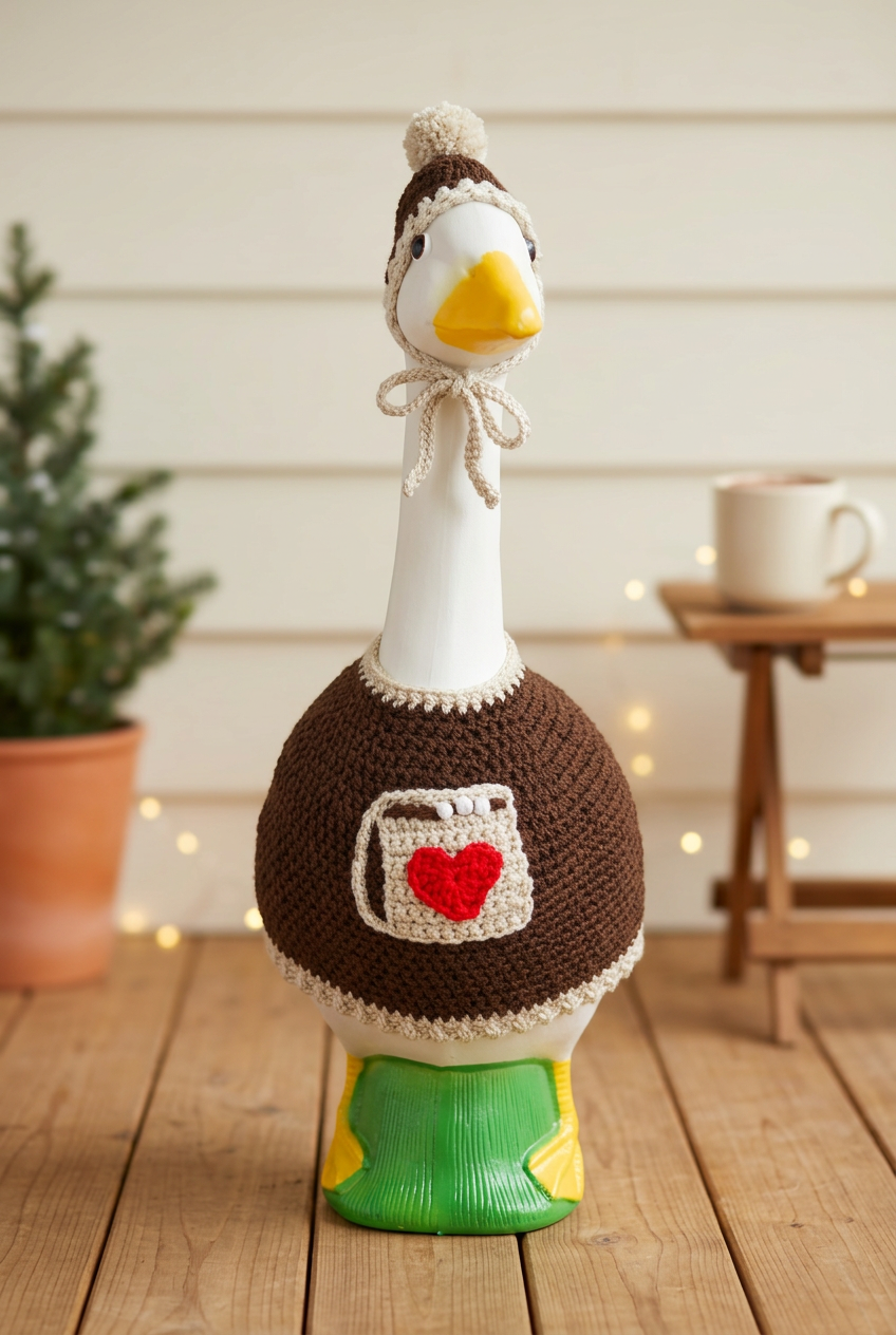 Hot Cocoa Cutie goose in a cozy winter porch setting