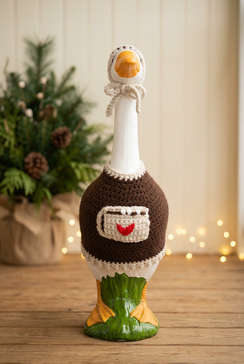 Hot Cocoa Cutie porch goose in a cozy winter setting