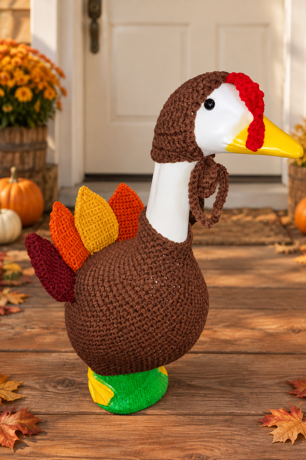 Crochet porch goose turkey costume styled with an autumn porch background