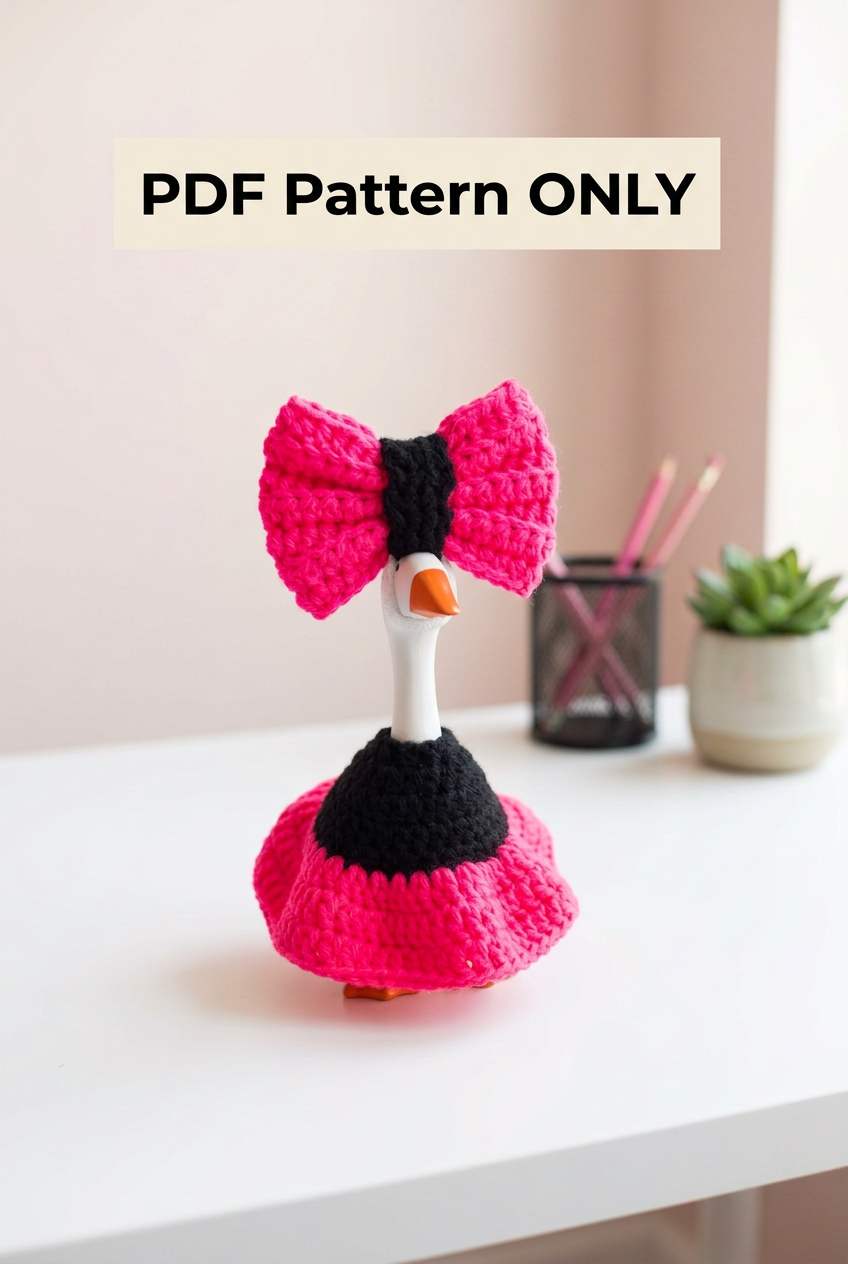Pink and black Gooseberry Twirl crochet dress and matching bow on a 7-inch desk goose, labeled PDF Pattern ONLY.