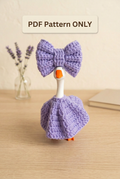 Lavender crochet dress and matching bow on a 7-inch desk goose, labeled PDF Pattern ONLY.
