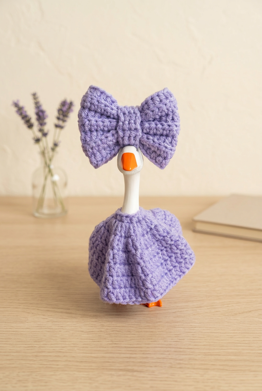 Lavender goose outfit in a cozy desk setting