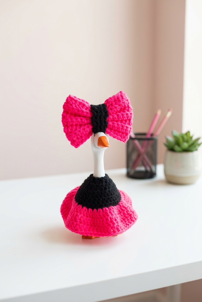 Pink-and-black goose outfit in a modern desk setting