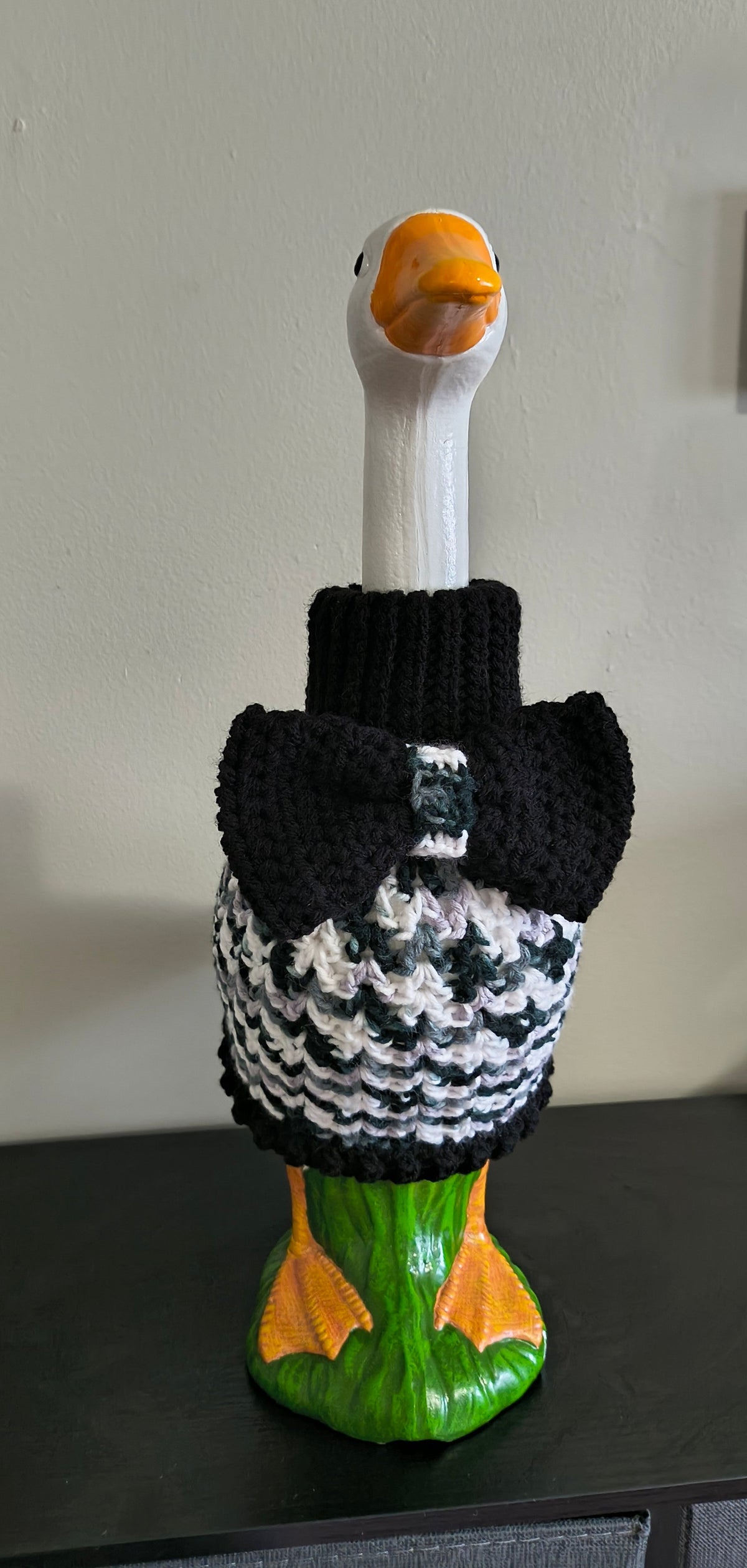 Brown crochet porch goose sweater with bow on goose statue - PDF pattern only