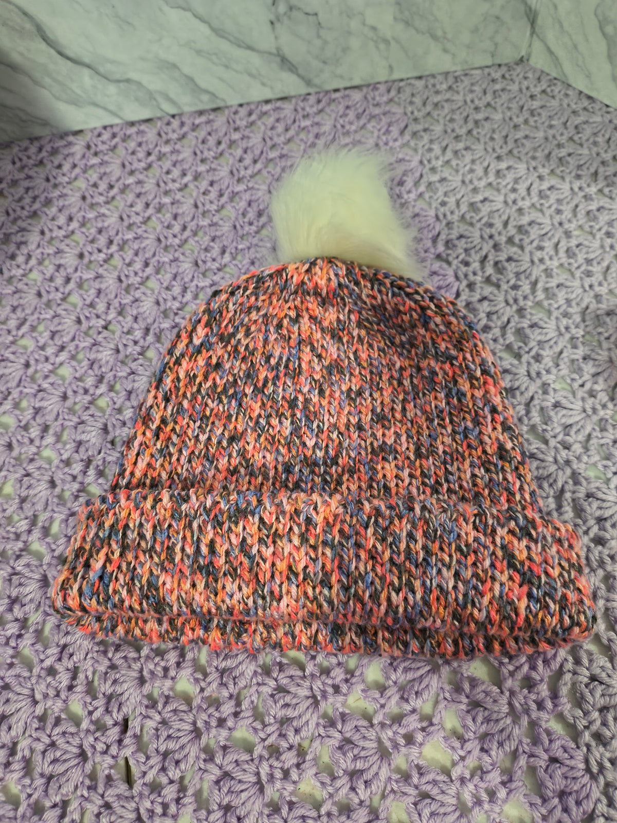Knit-Look Crochet Beanie – Peachy Pink & Charcoal Multicolor with Removable Pompom