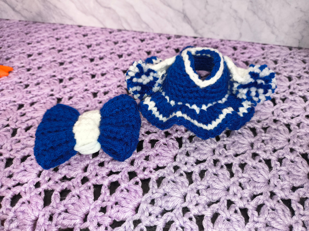 7" Desk Goose Blue & White Cheerleader Outfit and Bow Set