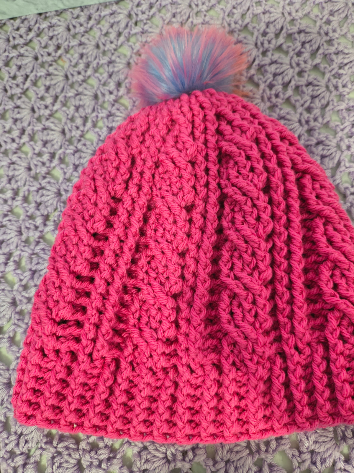 Crochet Cables Beanie – Hot Rose with Removable Pompom