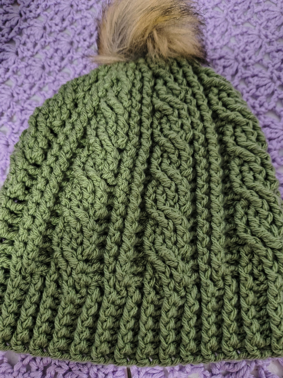 Crochet Cables Beanie – Light Sage with Removable Pompom
