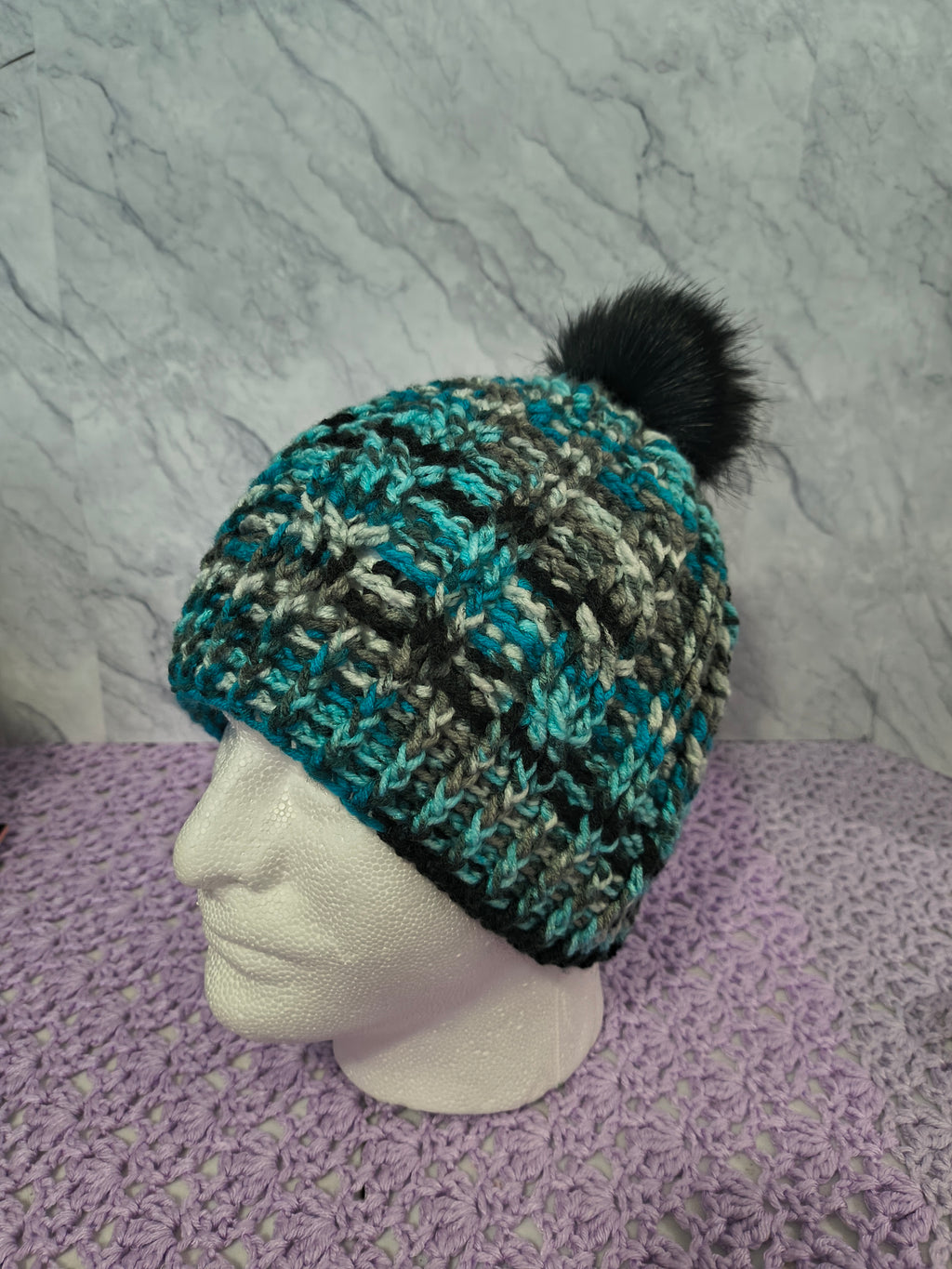 Crochet Cables Beanie – Agean Stripe with Removable Pompom