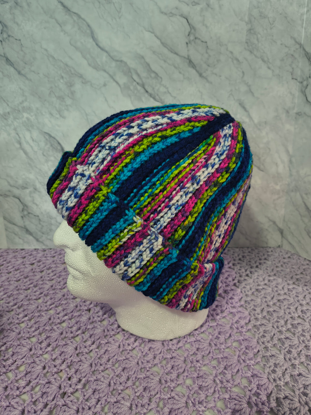 Knit-Look Crochet Beanie – Bright Multicolor Stripes
