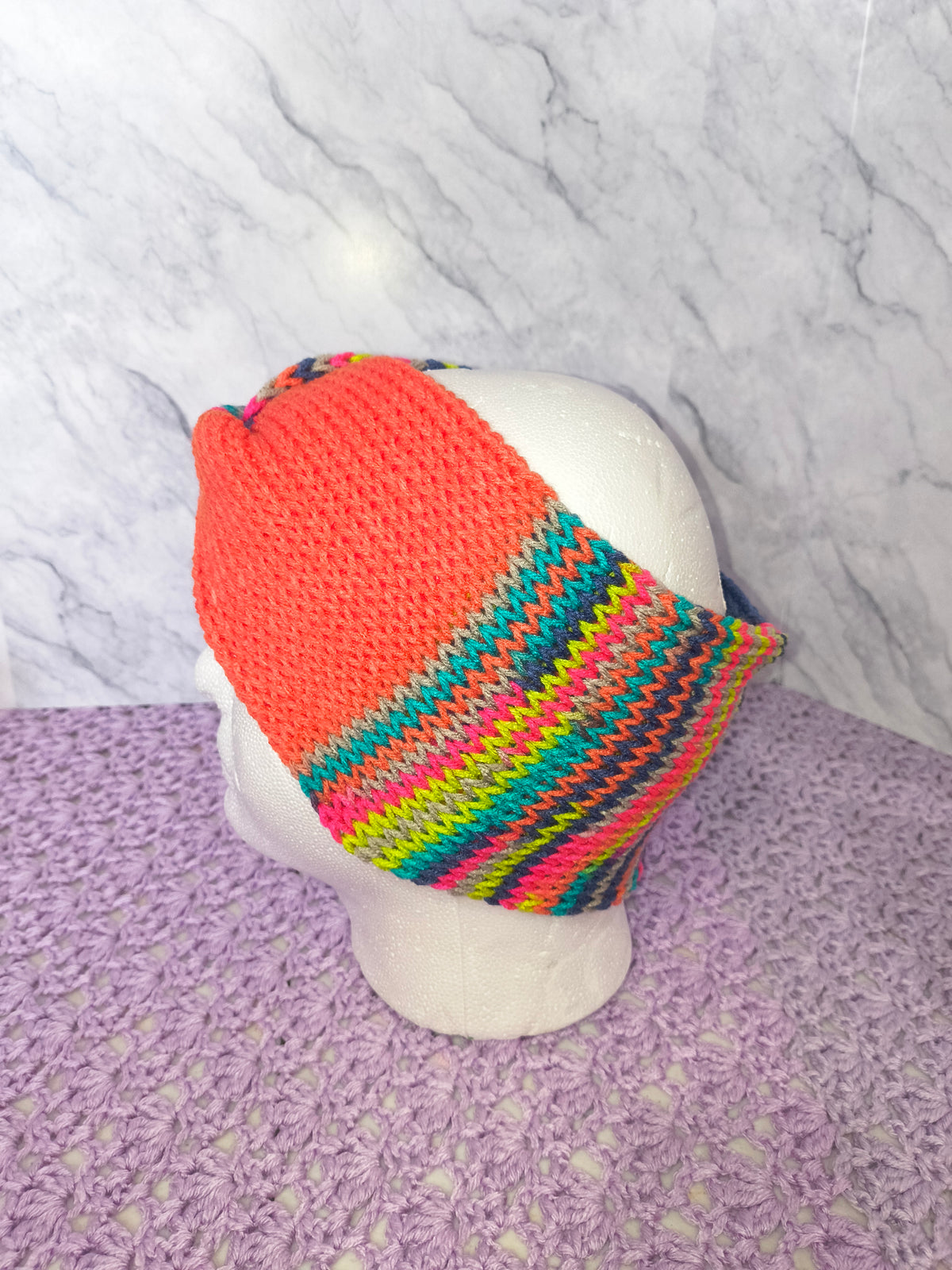 Twisted Knit Ear Warmer – Coral & Multicolor Stripes