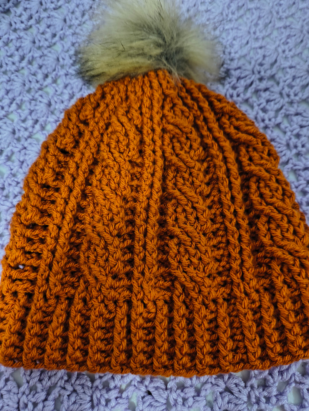 Crochet Cables Beanie – Rust Orange with Removable Pompom