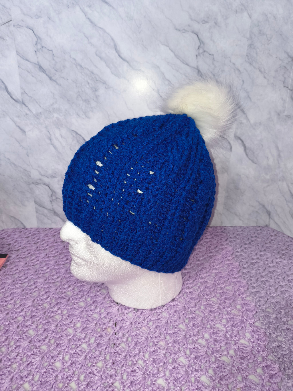 Crochet Cables Beanie – Royal Blue with Removable Pompom
