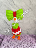 Front view of desk goose wearing lime green and red granny sweater with oversized bow
