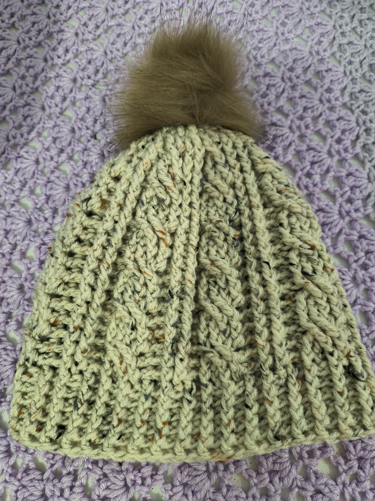 Crochet Cables Beanie – Aran Speck with Removable Pompom