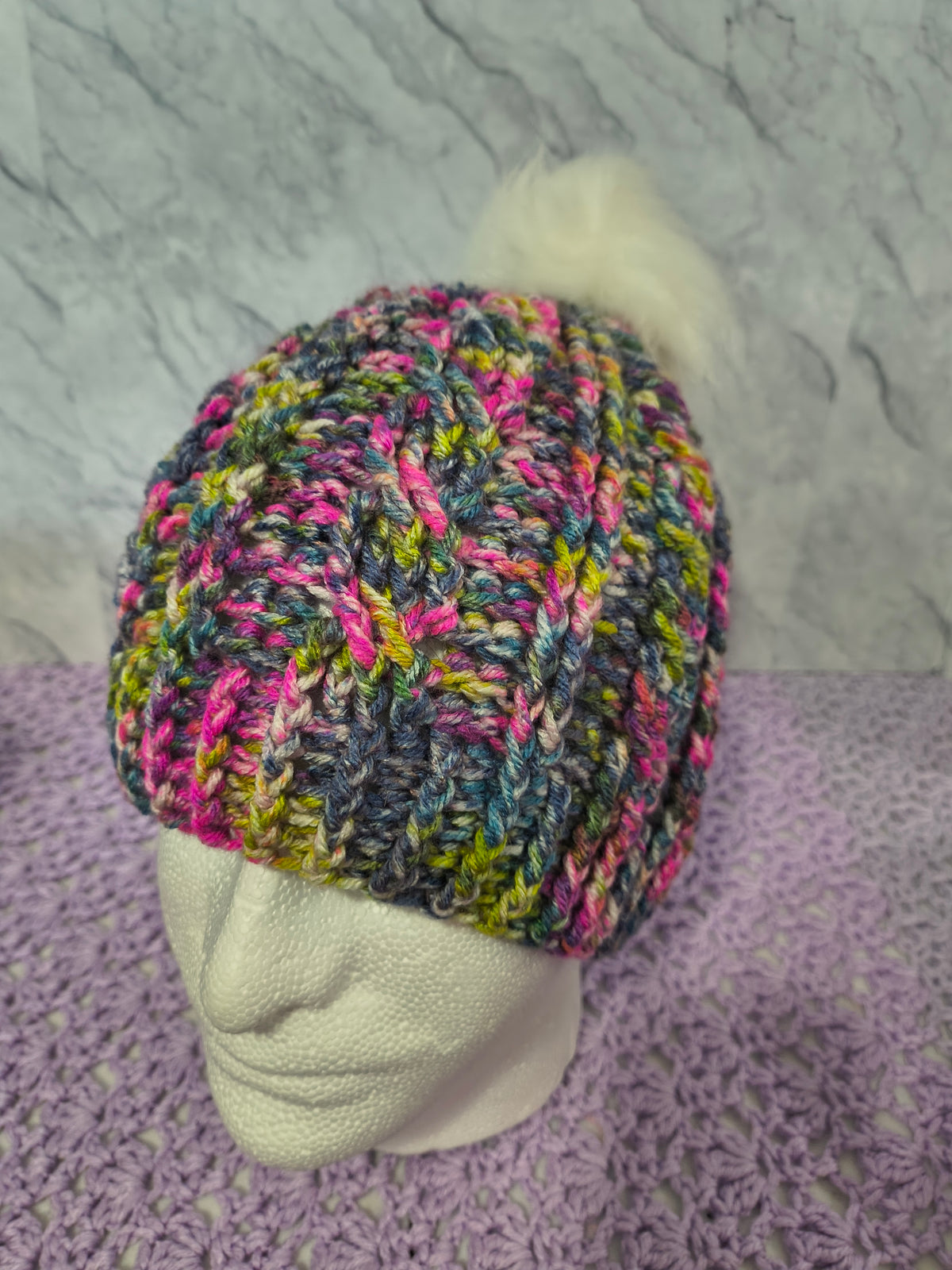 Crochet Cables Beanie – Paint Party with Removable Pompom