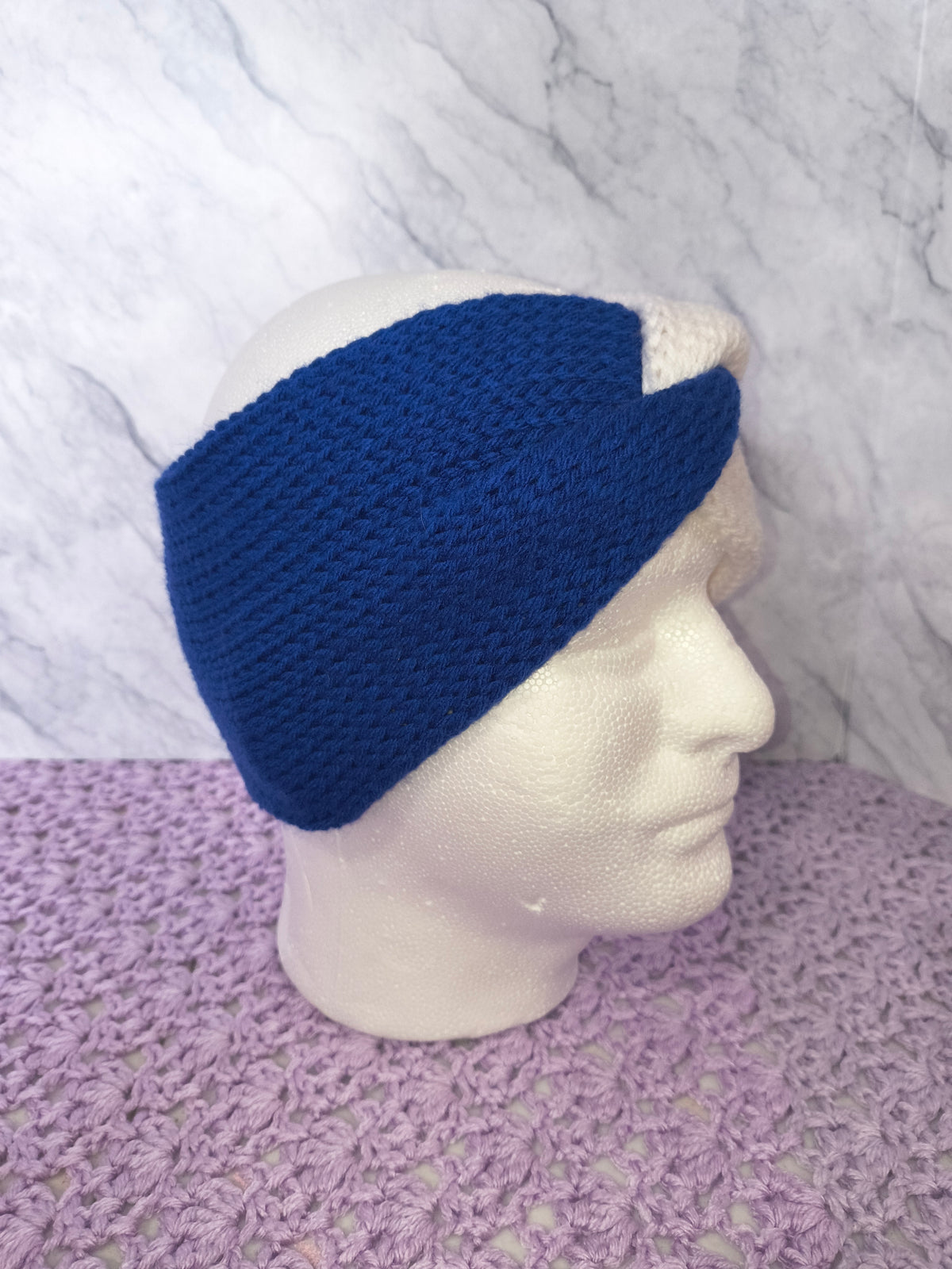 Twisted Knit Ear Warmer – Royal Blue & White