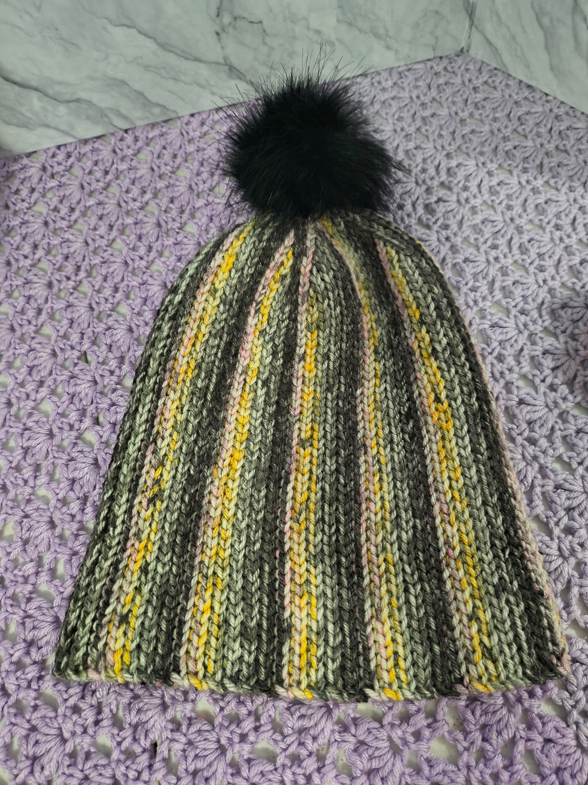 Knit-Look Crochet Beanie – Gray, Pink, Yellow & White Multicolor with Removable Pompom