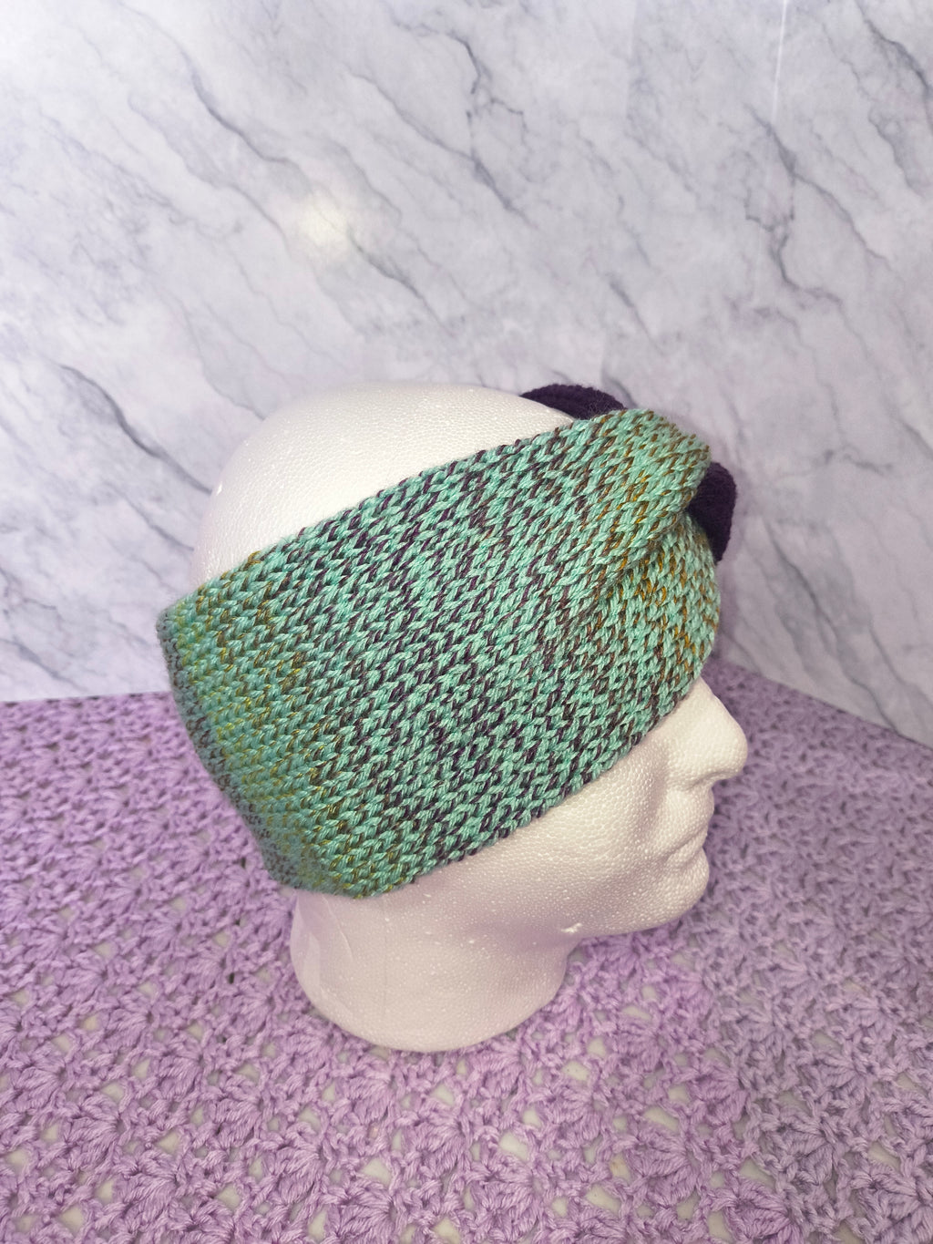Twisted Knit Ear Warmer – Minty Green & Plum Color Block