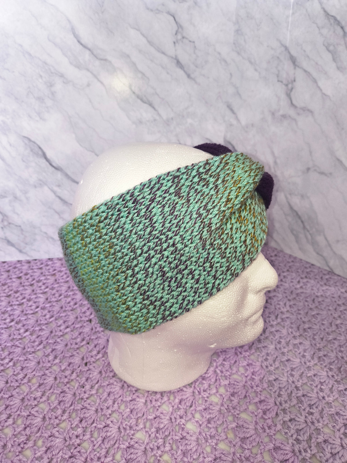 Twisted Knit Ear Warmer – Minty Green & Plum Color Block