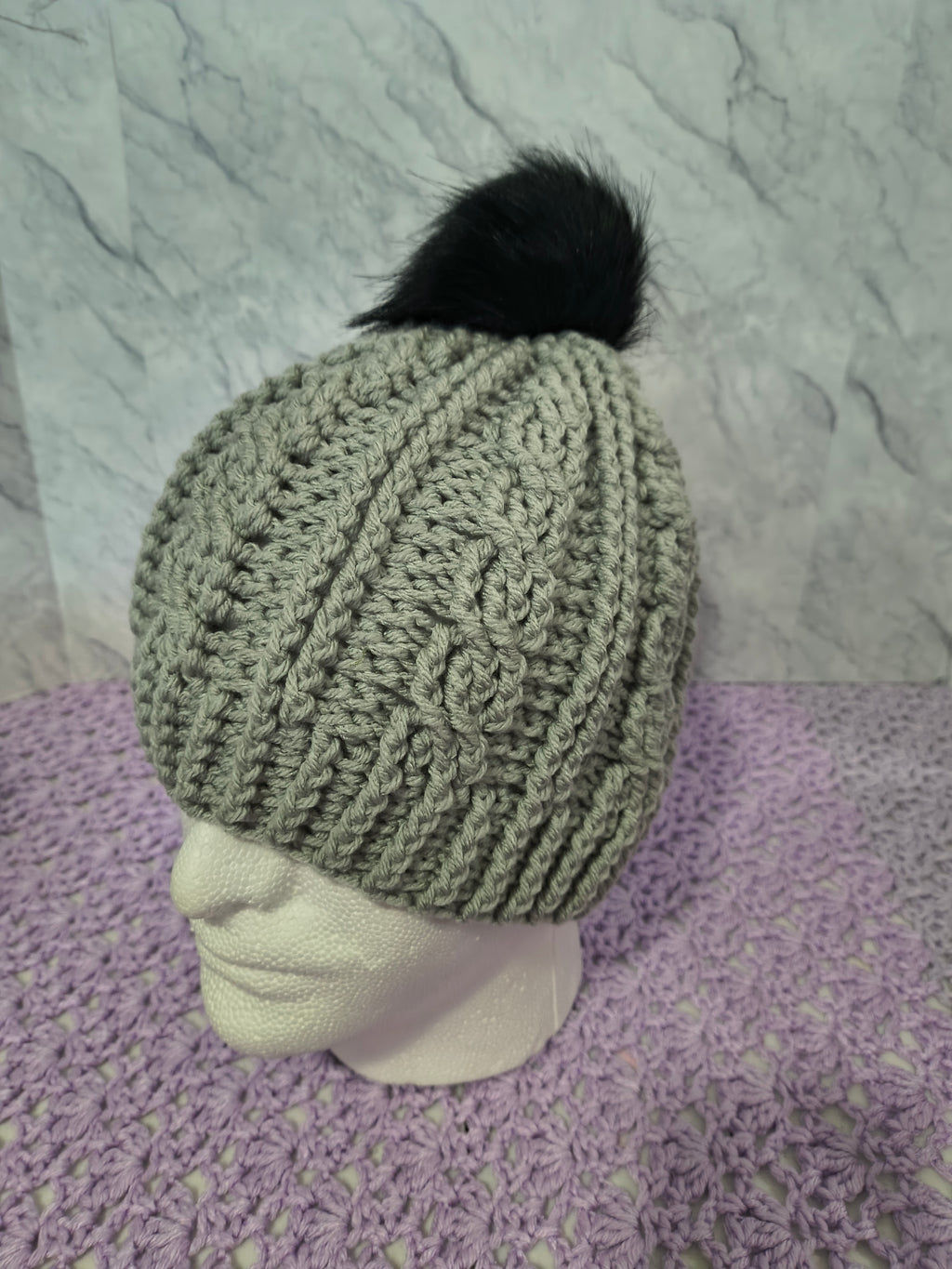 Crochet Cables Beanie – Graymist with Removable Pompom