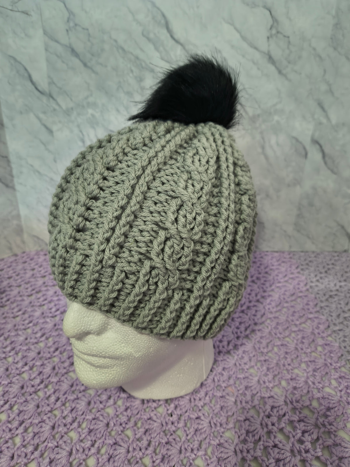 Crochet Cables Beanie – Graymist with Removable Pompom