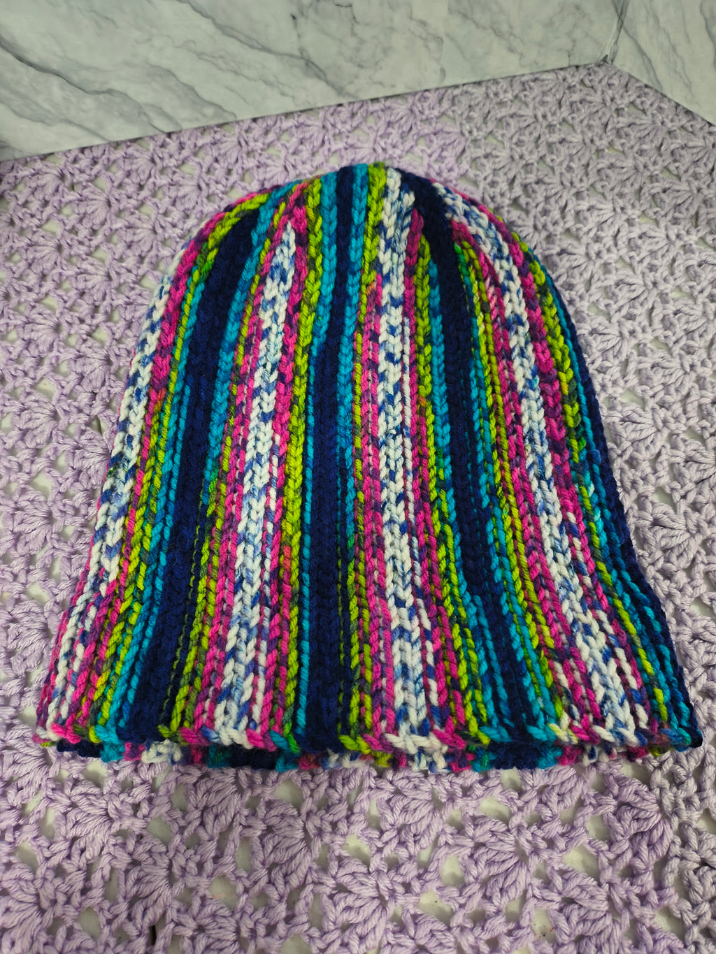 Knit-Look Crochet Beanie – Bright Multicolor Stripes