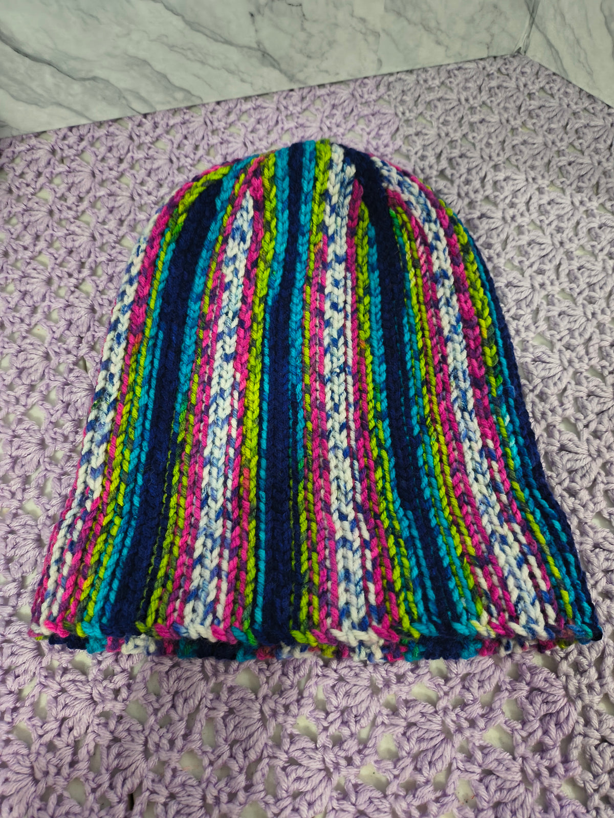 Knit-Look Crochet Beanie – Bright Multicolor Stripes