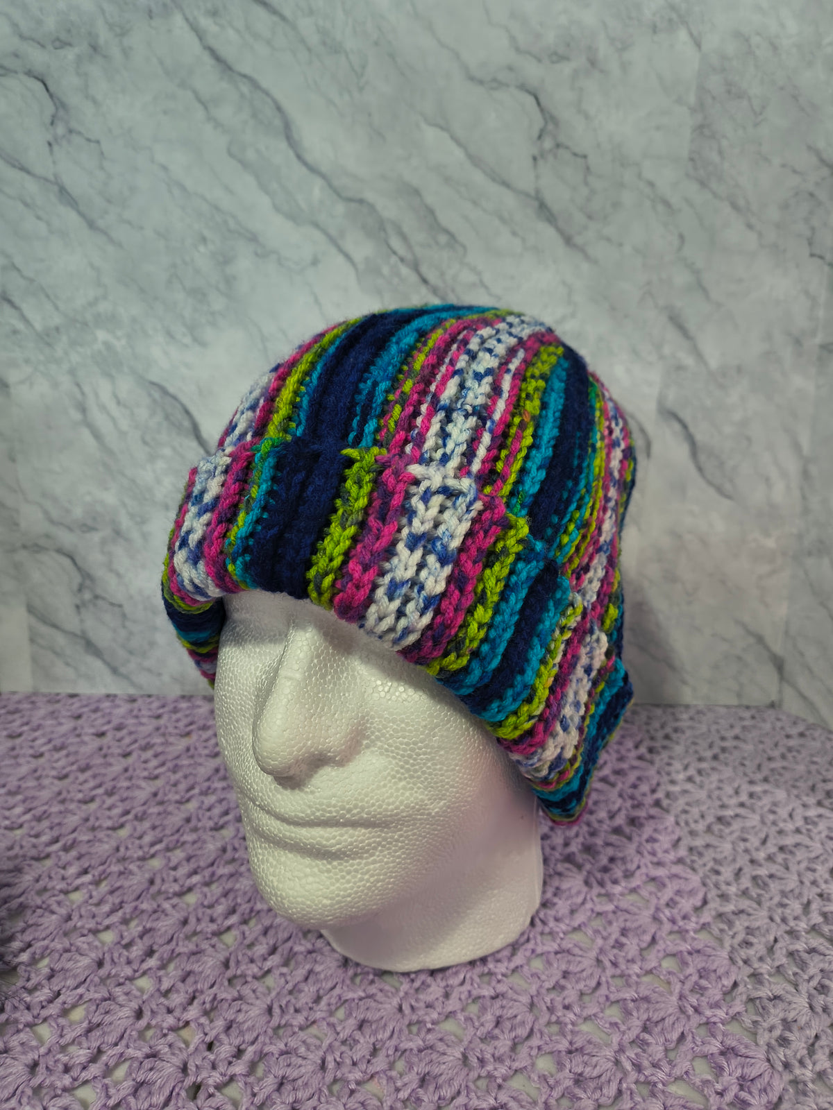 Knit-Look Crochet Beanie – Bright Multicolor Stripes