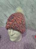 Knit-Look Crochet Beanie – Peachy Pink & Charcoal Multicolor with Removable Pompom